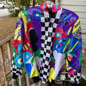 Sequin Bomber Jacket Sz S M Black Checkerboard Abstract Pop Art Vtg 80s Womans